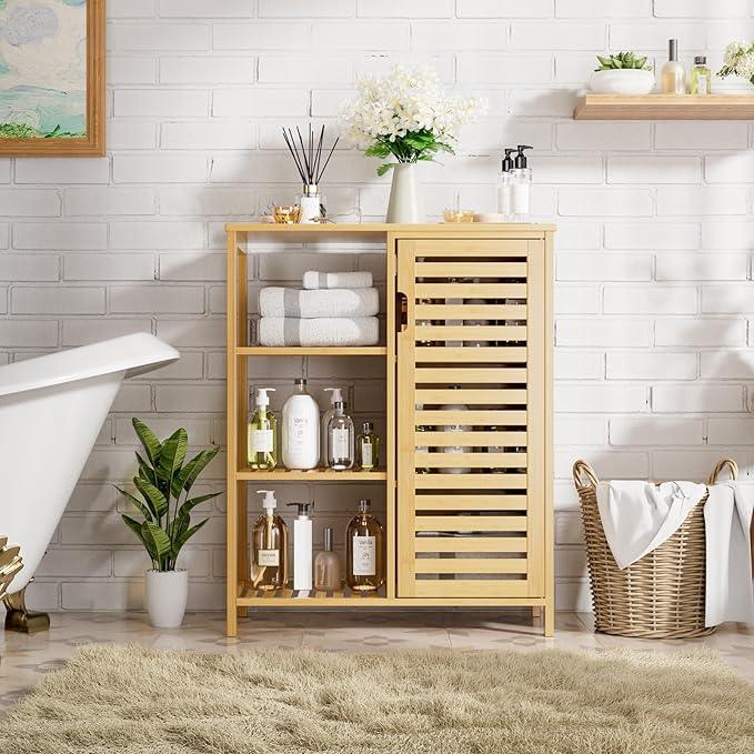 HITNET Bathroom Floor Cabinet, Bamboo Storage Cabinet with Door and 3 Open Shelves, Freestanding Side Kitchen Cupboard Organizer, Natural - ModernBath