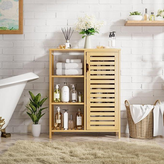 HITNET Bathroom Floor Cabinet, Bamboo Storage Cabinet with Door and 3 Open Shelves, Freestanding Side Kitchen Cupboard Organizer, Natural - ModernBath