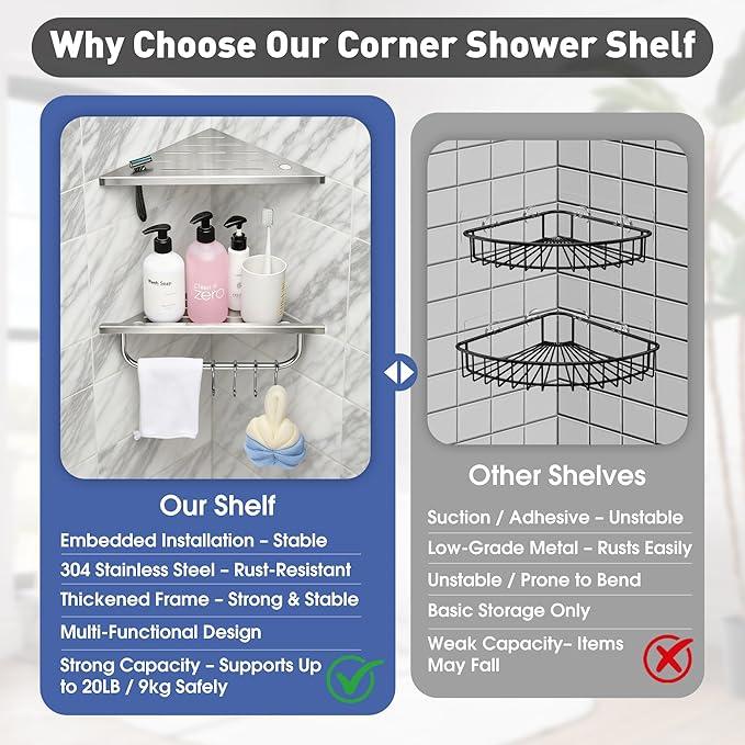 Shower Corner Shelf, 10'' Corner Shower Shelf with Towel Bar & Hooks, 2-Pack 304 Stainless Steel Recessed Bathroom Shelves, No Drilling for Tiled Wall (Brushed Nickel) - ModernBath