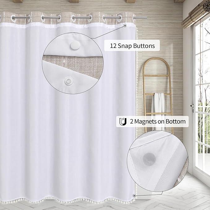 MitoVilla No Hooks Required Boho Farmhouse Shower Curtain with Snap-in Liner, Taupe Cotton Linen Fabric Shower Curtains with Tassels for Rustic Neutral Bathroom Decor,72 x 74 - ModernBath