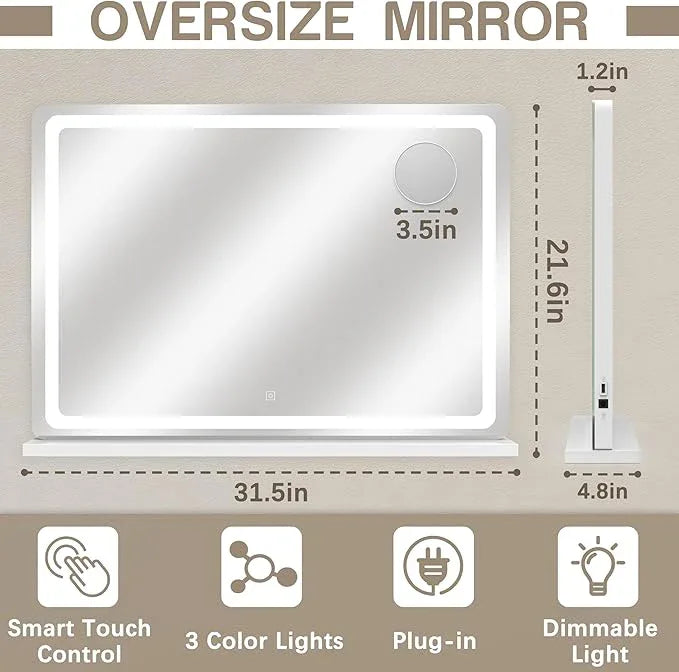 ROLOVE Vanity Mirror with Lights, 32" x 22" Large Lighted Vanity Mirror with Dimmable 3 Modes, LED Makeup Mirror, Touch Screen Control, USB Charging Port, Tabletop or Wall-Mounted - ModernBath