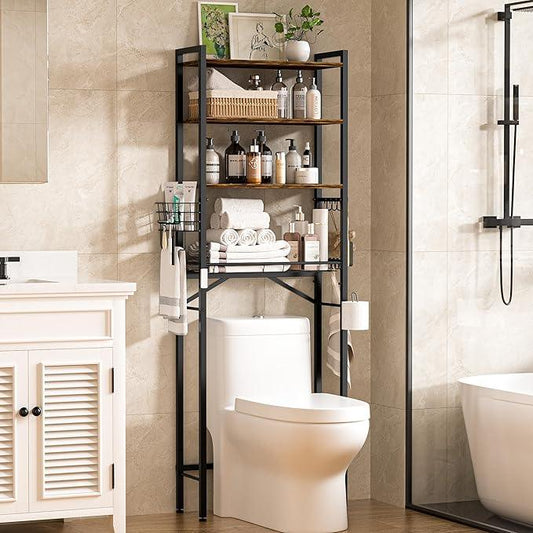 TETOTE Over Toilet Bathroom Organizer, 4-Tier Bathroom Over The Toilet Storage with Adjustable Shelf and Basket, Freestanding Space Saver Bathroom Shelves Above Toilet for Room(Brown) - ModernBath