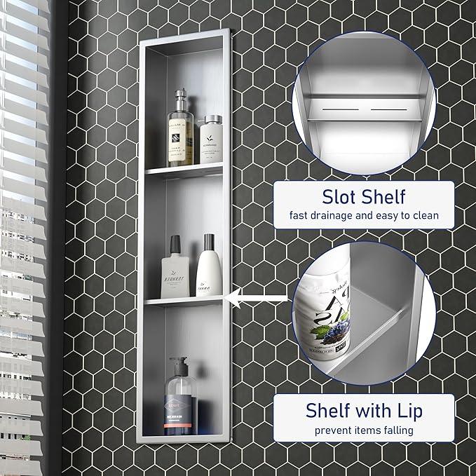 Stainless Steel Shower Niche 8"×36" with 3-Tier Shelves Brushed No Tiled Needed Niche Shower for Bathroom Wall Recessed Shower Shelf for Storage - ModernBath