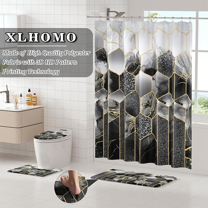 XLHOMO Bathroom Sets with Shower Curtain and Rugs - 4PC Black Geometric Shower Curtain Set with 12 Hooks, Toilet Cover, U-Shaped Mat and Rugs Modern Abstract Bathroom Accessories for Bathroom - ModernBath