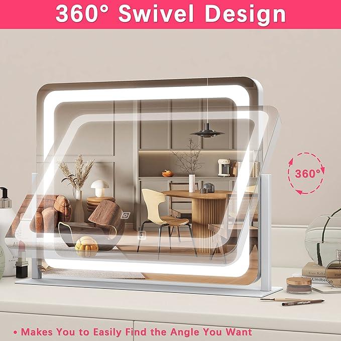 ROLOVE 22x17 Inch Lighted Vanity Mirror with Dimmable LED Lights - 3 Color Modes, Smart Touch Control & 360° Rotating Base - Desk Makeup Mirror (White) - ModernBath