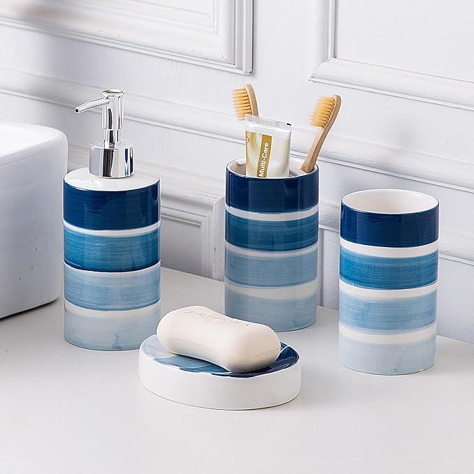 Bathroom Accessories Set, 4-Piece Blue Ceramic Bathroom Decorations Accessories Set, Contain Toothbrush Cup, Soap Dispenser, Soap Dish, Tumbler - ModernBath