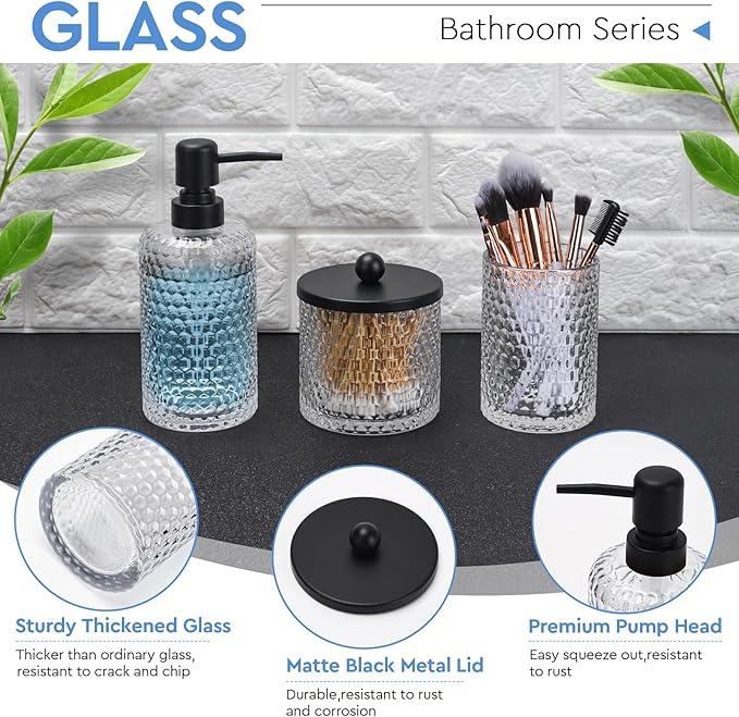Bathroom Accessory Set,4 Pcs Clear Glass Bathroom Accessories Set-Lotion Soap Dispenser,Toothbrush Holder,Qtip Holder Dispenser & Resin Vanity Tray,Countertop Vanity Organizer,Crystal Clear - ModernBath