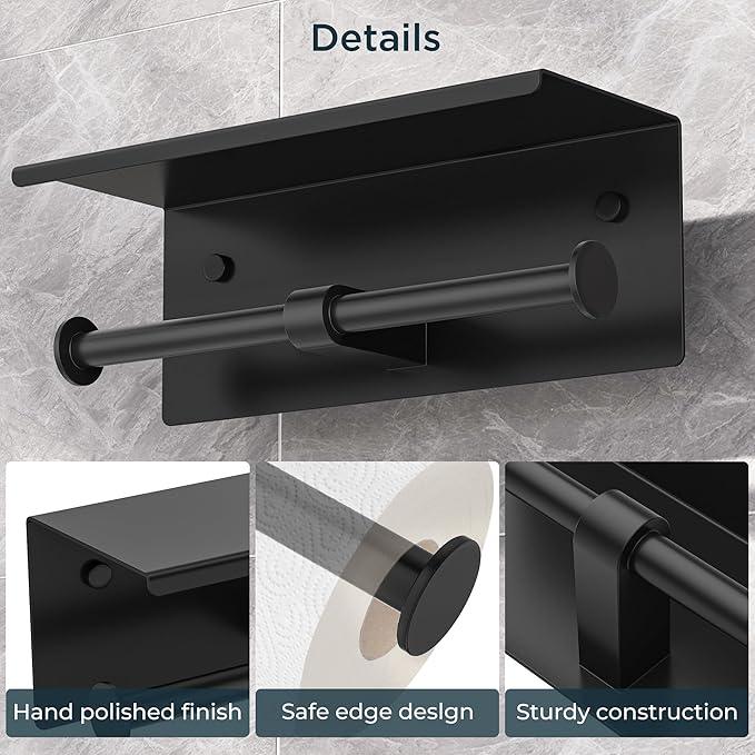 FORIOUS Double Toilet Paper Holder with Shelf, Wall Mount Tissue Roll Holder for Bathroom, 304 Stainless Steel Commercial Toilet Tissue Dispensers with Phone Shelf (1, Matte Black) - ModernBath