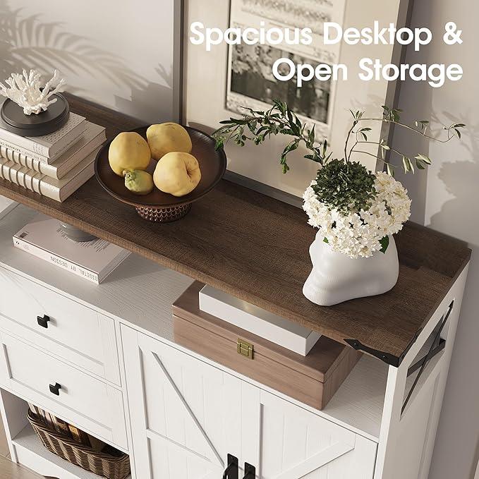 Fameill Farmhouse Storage Cabinet with Drawers and Open Storage,Freestanding Kitchen Pantry with 2 Barn Doors, Floor Cabinet with Adjustable Shelf for Living Room,White - ModernBath