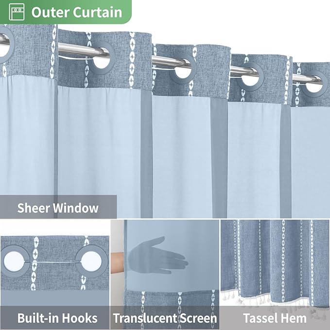 eachope No Hook Stall Shower Curtain with Snap-in Fabric Liner - 54x80 Heavy-Duty Linen Textured Striped Design,Narrow Rustic Modern Farmhouse Bohemian Bathroom Curtain,Water-Repellent,Blue - ModernBath