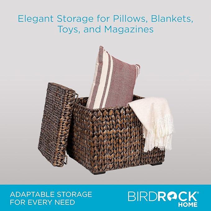 BIRDROCK HOME Storage Cube Box with Lid - Brown Wash Seagrass - Hand Woven Container for Blankets Pillows - Sturdy Metal Frame - ModernBath