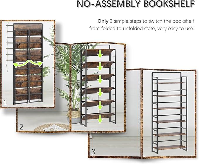 4NM No Assembly 6 Tiers Folding Bookshelf Storage Shelves Vintage Bookcase Standing Racks Study Organizer Home Office (Rustic Brown Black) - ModernBath