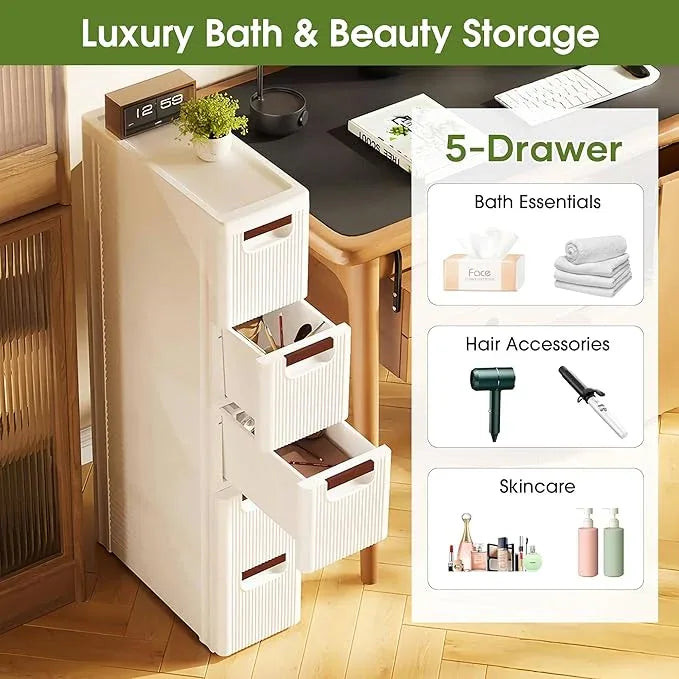5 Drawers Narrow Storage Cabinet, Slim Bathroom Storage Cabinet, Plastic Rolling Cart Organizer for Small Spaces, Laundry, Office, Home, White - ModernBath