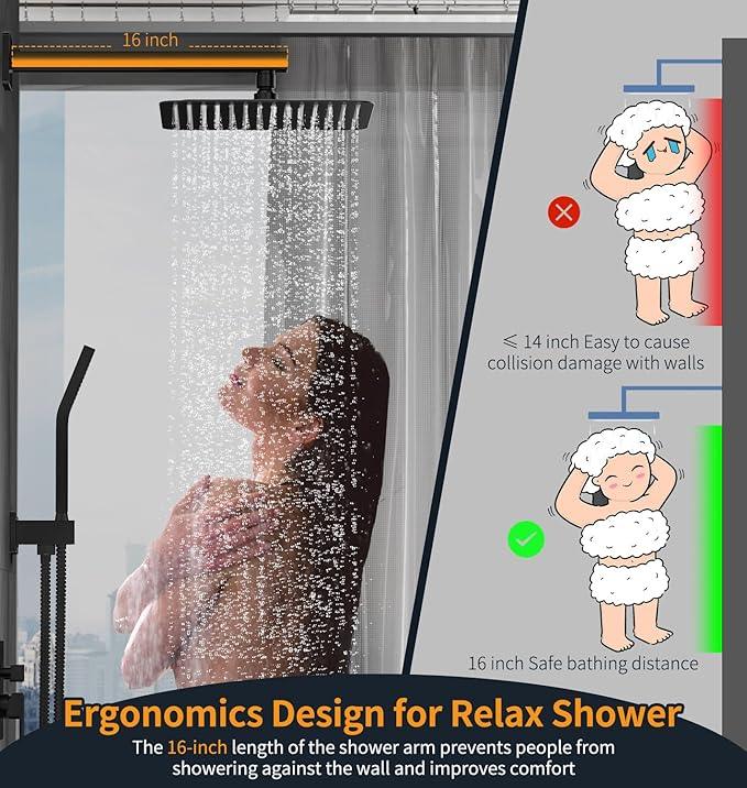 SR SUN RISE 12 Inches Matte Black Shower System 12 Inch Brass Bathroom Luxury Rain Mixer Shower Combo Set Wall Mounted Rainfall Shower Head System Shower Faucet Rough-in Valve Body and Trim Included - ModernBath