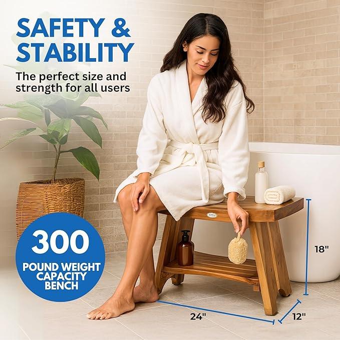 EcoDecors 24 Inch Serenity Teak Shower Bench – Waterproof Bathroom Seat with Large Storage Shelf For Adults & Seniors | Spa-Style Teak Wood Stool with Non-Slip Feet, Elegant Finish, 300 Pound Capacity - ModernBath