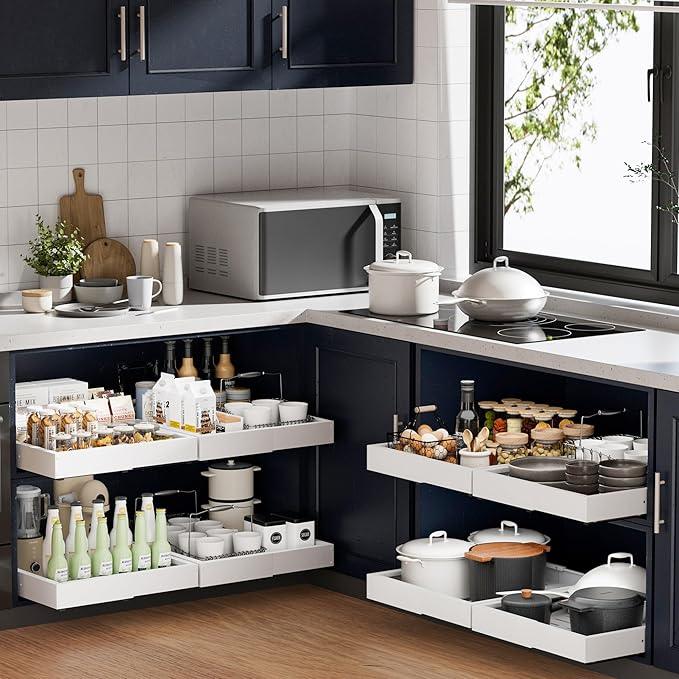 Pull Out Cabinet Organizer, 2 Pack Slide Out Drawer Expandable Width (10"-16") and Depth (17"-25") With 3 Slides, Fixed with Adhesive Film or Nail for Cabinets in Kitchen, Pantry or Bathroom - ModernBath