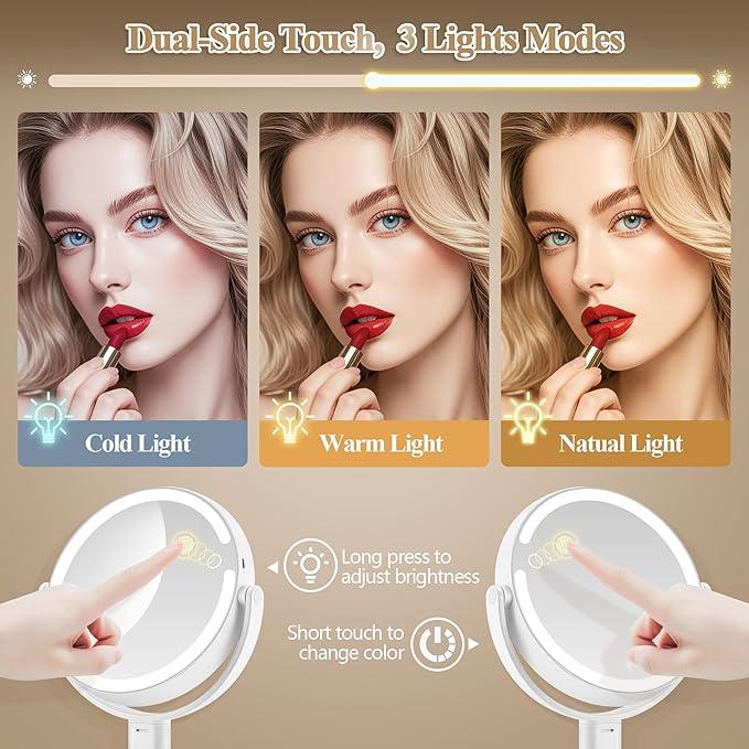 MOMOKUBA Makeup Mirror with Lights, Double Sided 1x/20x Magnifying Mirror with Light, Rechargeable 3 Color Lights and Adjustable Brightness, 360° Rotation Detachable Comes with Tweezer(White) - ModernBath
