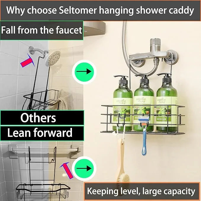 Seltomer Shower Caddy Hanging Shower Orangizer Stainless Steel Shower Rack with Hooks Over The Door, Shampoo Basket Storage (Black) - ModernBath