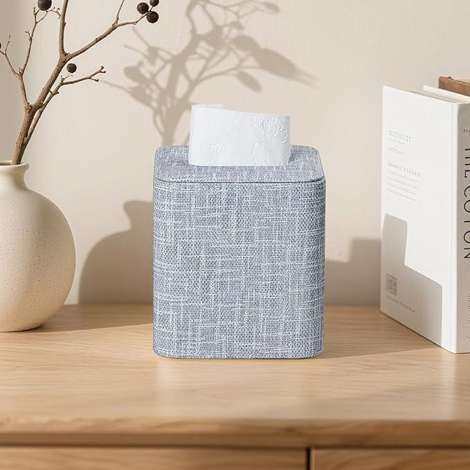 Cretkhp Square Tissue Box Cover with Magnetic Closure, Modern PU Leather Tissue Box Holder for Bathroom Vanity Countertop Night Stands Bedroom Office Desk, Stylish Cube Tissue Holder (Blue) - ModernBath