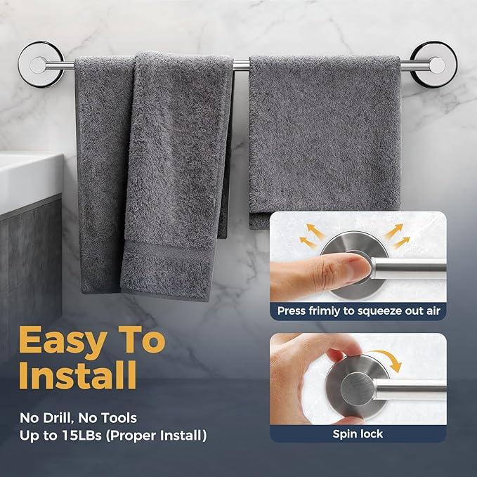 14.6inch~24inch Towel Racks for Bathroom,Adjustable Suction Cup Towel Bar for Bathroom Wall,Stainless Steel Bath Towel Holder for Shower(Brushed Silver) - ModernBath