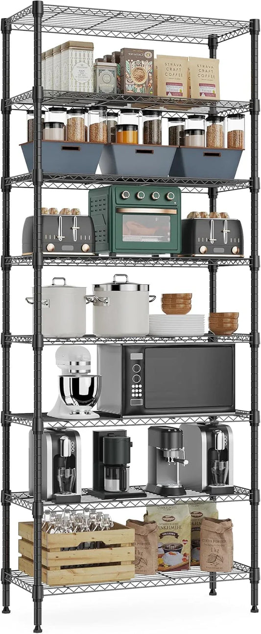 8 Tier 2000 lbs Storage Rack Metal Wire Shelving Unit, Storage Standing Shelf Organizer for Laundry Bathroom Kitchen Pantry Closet Garage Basement Utility Room, Black 13.8" D x 23.6" W x 79.5" H - ModernBath