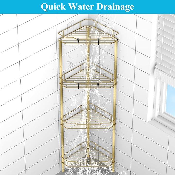 4 Tier Floor Standing Corner Shower Caddy Organizer Shelf with Hooks, Bathroom Shelves Stand Rack, Gold - ModernBath