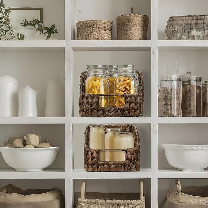 Casafield Set of 2 Water Hyacinth Pantry Baskets with Handles - Espresso, Woven Storage Bin Organizers for Kitchen Shelves, Medium and Large Sizes - ModernBath