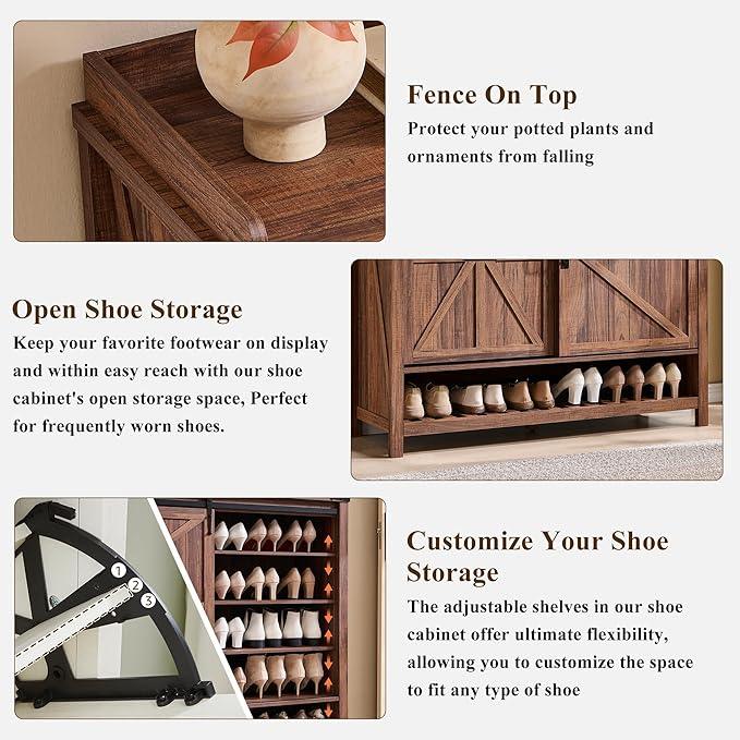 OKD Shoe Storage Cabinet with 2 Flip Drawers & Sliding Door, Farmhouse Entryway Shoe Organizer, Freestanding Rustic Hidden Shoe Rack Cabinet for Entryway, Rustic Walnut - ModernBath