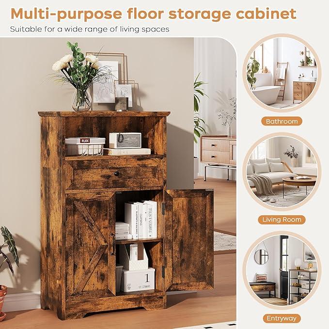 Floor Cabinet, Farmhouse Storage Cabinet with Barn Doors and Drawer, 11.81" D x 23.62" W x 39.37" H Rustic Brown Freestanding Adjustable Shelf Organizer for Bathroom, Kitchen, Living Room - ModernBath