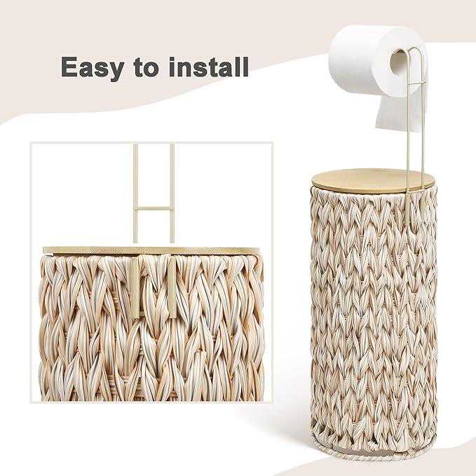 Stand Toilet Paper Storage with Lid Spare Extra 3 Rolls of Tissue Holder Free Standing Beige Wciker Toilet Paper Organizer Basket for Bathroom (Beige Color) - ModernBath
