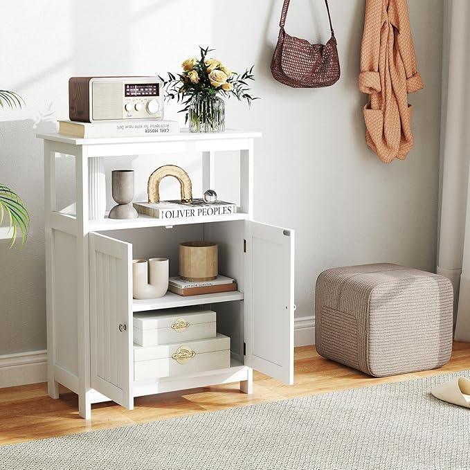 GOFLAME Bathroom Cabinet, Floor Storage Organizer with 2 Doors, 2 Open Shelves, 3-Level Adjustable Shelf, Modern Storage Unit for Laundry Room, Entryway, Living Room, White - ModernBath