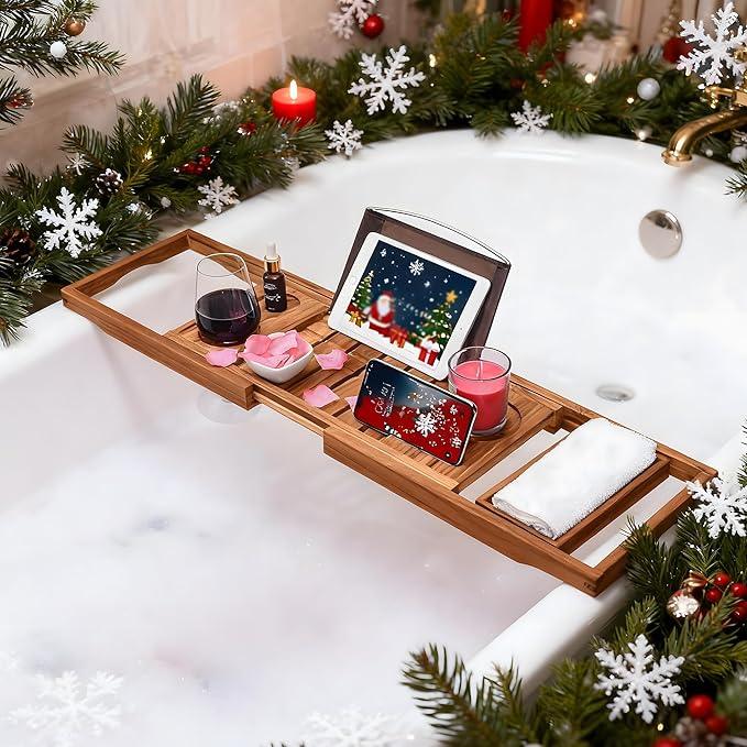 Utoplike Teak Bathtub Caddy Tray Bath Tray for Tub, Unique Bathtub Organizer with Book Tablet Wine Glass Cup Towel Holder, Adjustable, for Your Loved - ModernBath