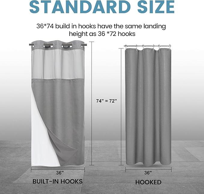 EUTXL Stall No Hook Shower Curtain with Snap in Liner,230GSM Waffle Weave Shower Curtains for Bathroom,36W x 74H,Grey - ModernBath
