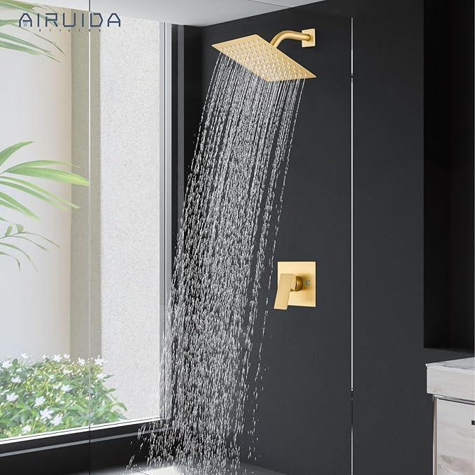 Airuida Shower Faucet Set Bathroom Rain Shower System 8 Inch Square Showerhead Single Function 1 Handle Trim Kit with Female Thread Rough-in Valve Cover Plate with H and C Labels Brushed Gold - ModernBath