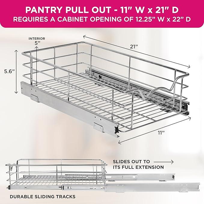 HOLDN’ STORAGE Heavy-Duty Premium Collection Pull Out Cabinet Organizer, Cabinet Drawer Slide Outs, Lifetime Limited Warranty - Basket Size 11" W x 21" D x 5" H, Anti-Rust Chrome Finish - ModernBath