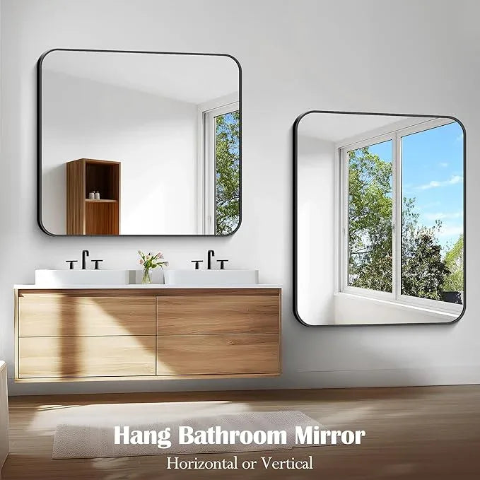 CIVENO Bathroom Mirror, 48 x 40 inch Black Rectangle Wall Mirror, Metal Frame Rectangular Vanity Mirror, Rounded Corner Wall Mounted Mirror for Modern Bedroom Living Room Hangs Horizontal/Vertical - ModernBath