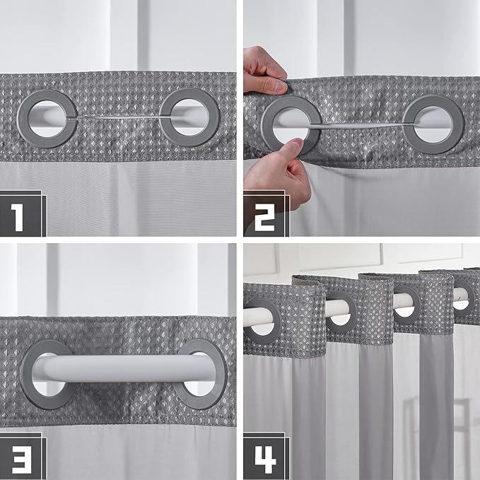 Furlinic Stall Size No Hook Shower Curtain with Snap in Liner,Waffle Weave Heavy Duty Fabric Bathroom Curtains with See Through Top Window,Waterproof & Machine Washable,Grey,36x72 Inch - ModernBath