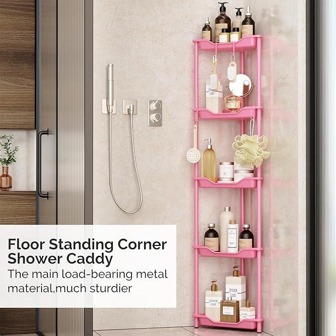 Orimade Rustproof 5 Tier Floor Standing Corner Shower Caddy Organizer, Plastic Metal Splicing Floor Corner Shelf Rack Stands for Bathroom, Pink - ModernBath