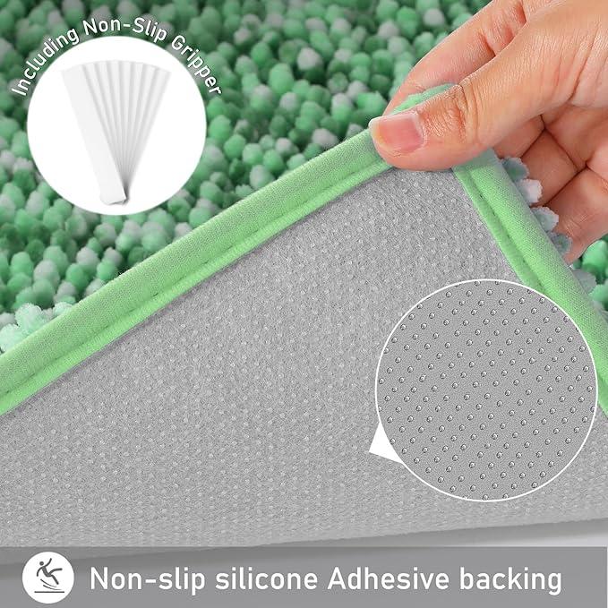 Yimobra Luxury Chenille U-Shaped Toilet Rug, Super Soft Shaggy Contour Bath Mat for Bathroom Floor, Fluffy, Water Absorbent, Non Slip, Machine Washable, Dry Quickly, 24''x 20'', Light Green & Green - ModernBath