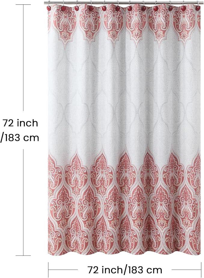 BESTRIPES Paisley Shower Curtain, Water Repellent Fabric with Terracotta & Gray Bohemian Print, 12 Metal Grommets & Weighted Hem, 72x72 Inches - ModernBath
