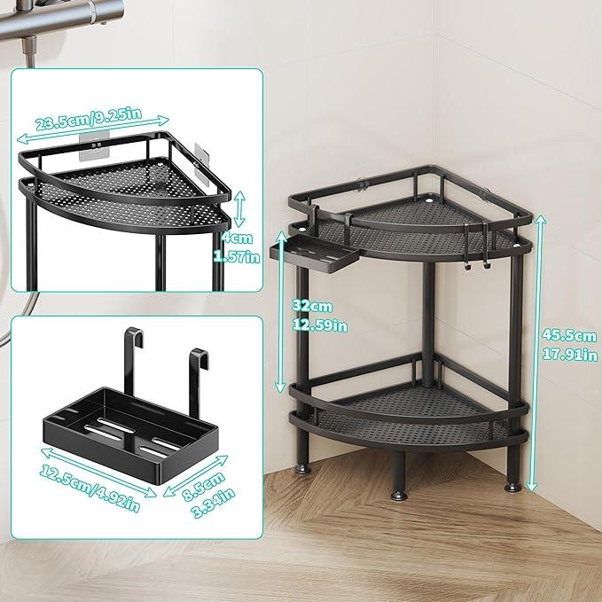 HapiRm Standing Corner Shower Caddy - 2 Tier Shower Organizer Corner with Soap Holder and 2 Hooks, Rustproof Bathroom Storage Shelves with Adhesives, Black - ModernBath