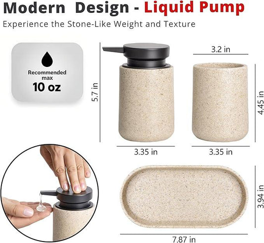 Clasin Home 3 Pcs Bathroom Accessories Set, Liquid Soap Dispenser with Large Pump, Toothbrush Holder Cup and Soap Dish, Sandstone Texture Bathroom Counter Set for Modern Home (Beige) - ModernBath