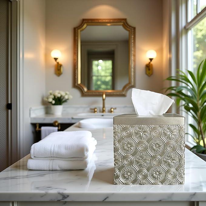 Hymmah Modern Square Tissue Box Cover Holder,Bathroom Accessories Decor Unique Design Tissue Box Cover for Bathroom Vanity Counter Tops Also Great for Bedrooms and Living Rooms (Gold) - ModernBath