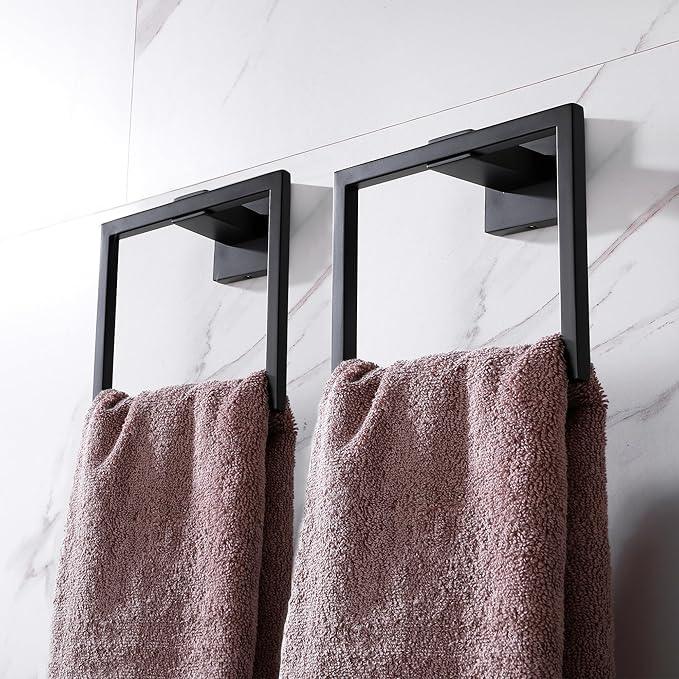 LANC Hand Towel Rings for Bathroom Wall Mount Matte Black Square Hand Towel Holder Command Towel Hanger for Bathroom Lavatory Towel Holder Stainless Steel Modern Towel Rack Hanger 2 Pack, A8896MB-P2 - ModernBath