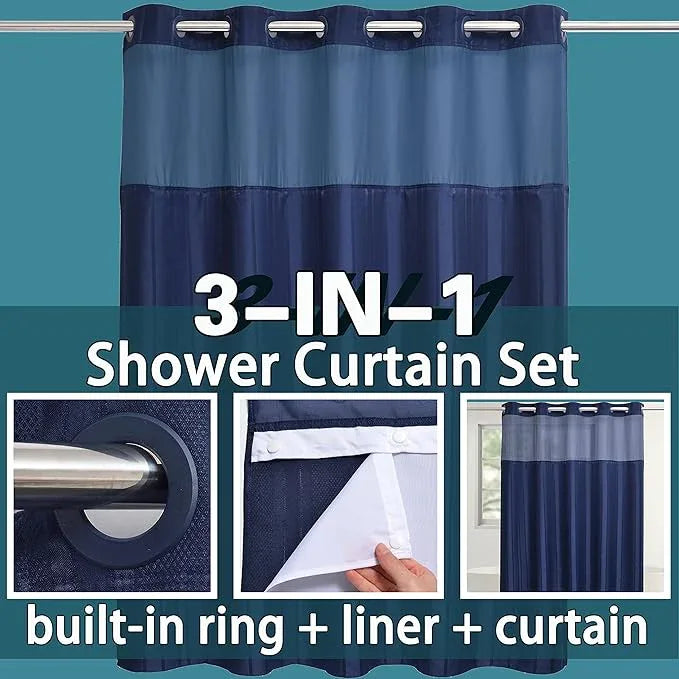 Conbo Mio No Hook Waffle Weave Shower Curtain with Snap in Liner Set, Hotel Luxury Dark Blue Shower Curtains for Bathroom with See Through Top Window, Waterproof, Washable 71W x 74H Stripe - ModernBath