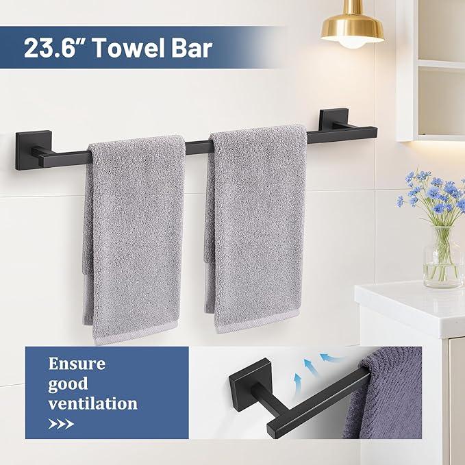 TURS 5-Pieces Matte Black Bathroom Hardware Accessories Set 23.6" Towel Bar Set Wall Mounted Square Toilet Paper Holder with Shelf Stainless Steel - ModernBath