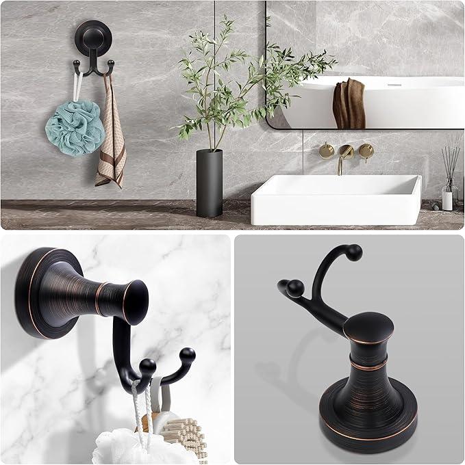Oil Rubbed Bronze Bathroom Towel Hook, Bronze Bathroom Robe Hook, Heavy Duty Double Towel Hooks Bath Farmhouse Coat Clothes Hook Wall Mounted Rustic for Kitchen Washroom - ModernBath