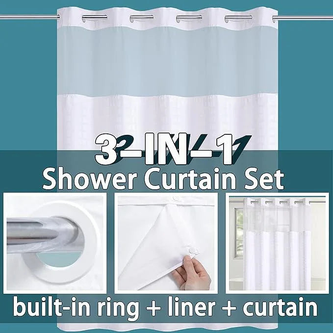 Conbo Mio No Hook Shower Curtain with Snap in Liner Set, Hotel Luxury White Shower Curtains for Bathroom with See Through Top Window, Waterproof, Washable 71W x 74H - ModernBath
