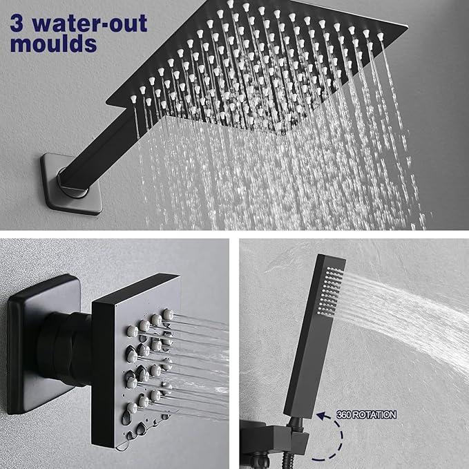 annazom Matte Black Shower Faucet Set with Body Jets 10 Inch Matte Black Shower Head Handheld Shower Combo Set High Pressure Wall Mount with Rough-in Valve - ModernBath