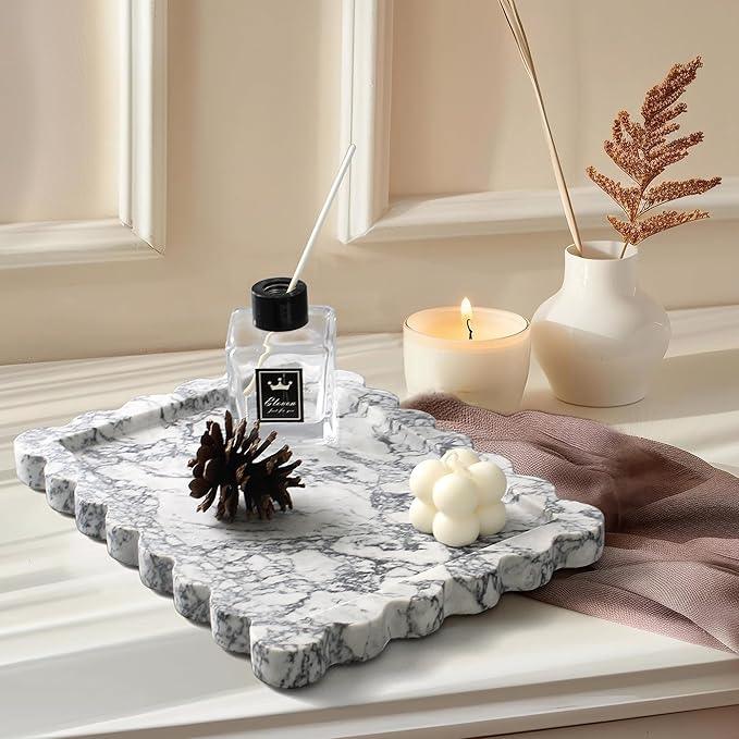 YMXYJM Genuine Scalloped Marble Tray, Real Natural Marble Stone Tray, Luxury Decorative Trays for Bathroom, Dresser, Vanity, Kitchen, Home Decor, 10.6" x 8", Calacatta Gray - ModernBath